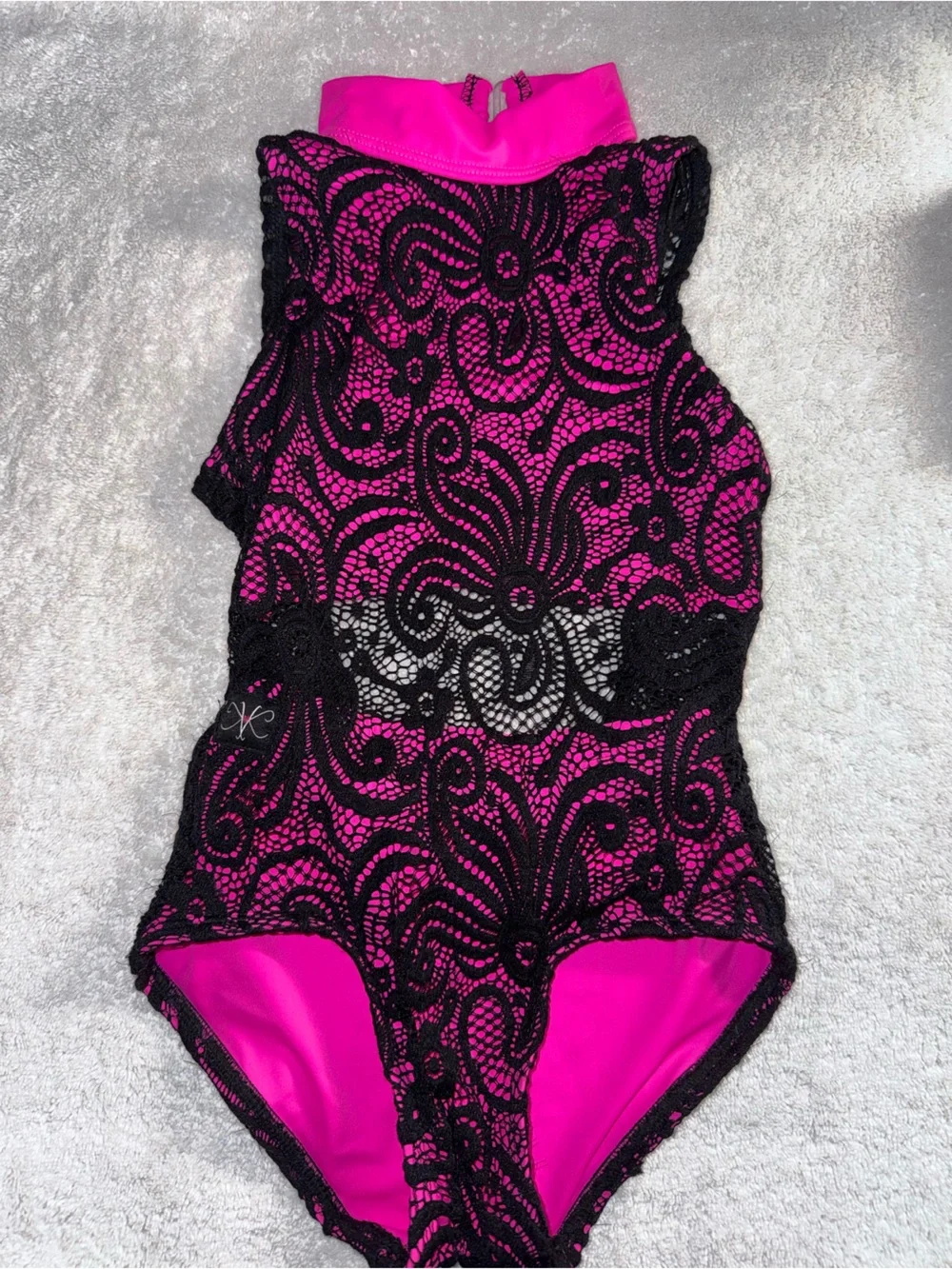 Kandi Kouture Hot Pink  Lace Leotard  with Black Mesh. Size Child Small (4/5)